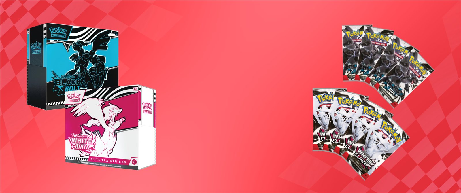 Pok&eacute;mon Black Bolt and White Flare products showcased on a red background