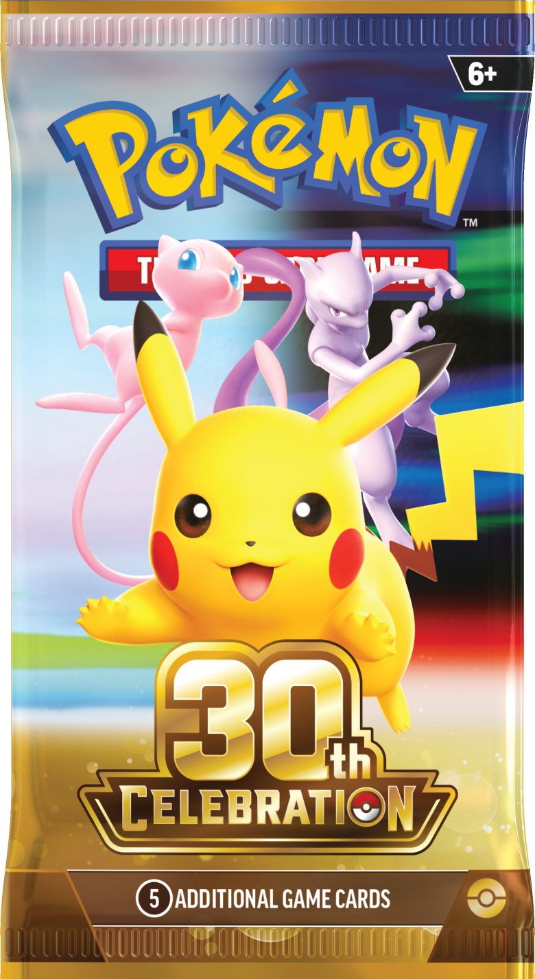 English Pokemon 30th Celebration booster pack featuring Pikachu, Mew, and Mewtwo